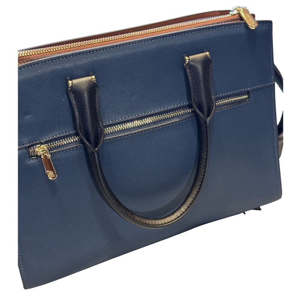 Bostanten Navy Blue Leather Tote Handbag Gold Hardware Adjustable Strap - Picture 5 of 9